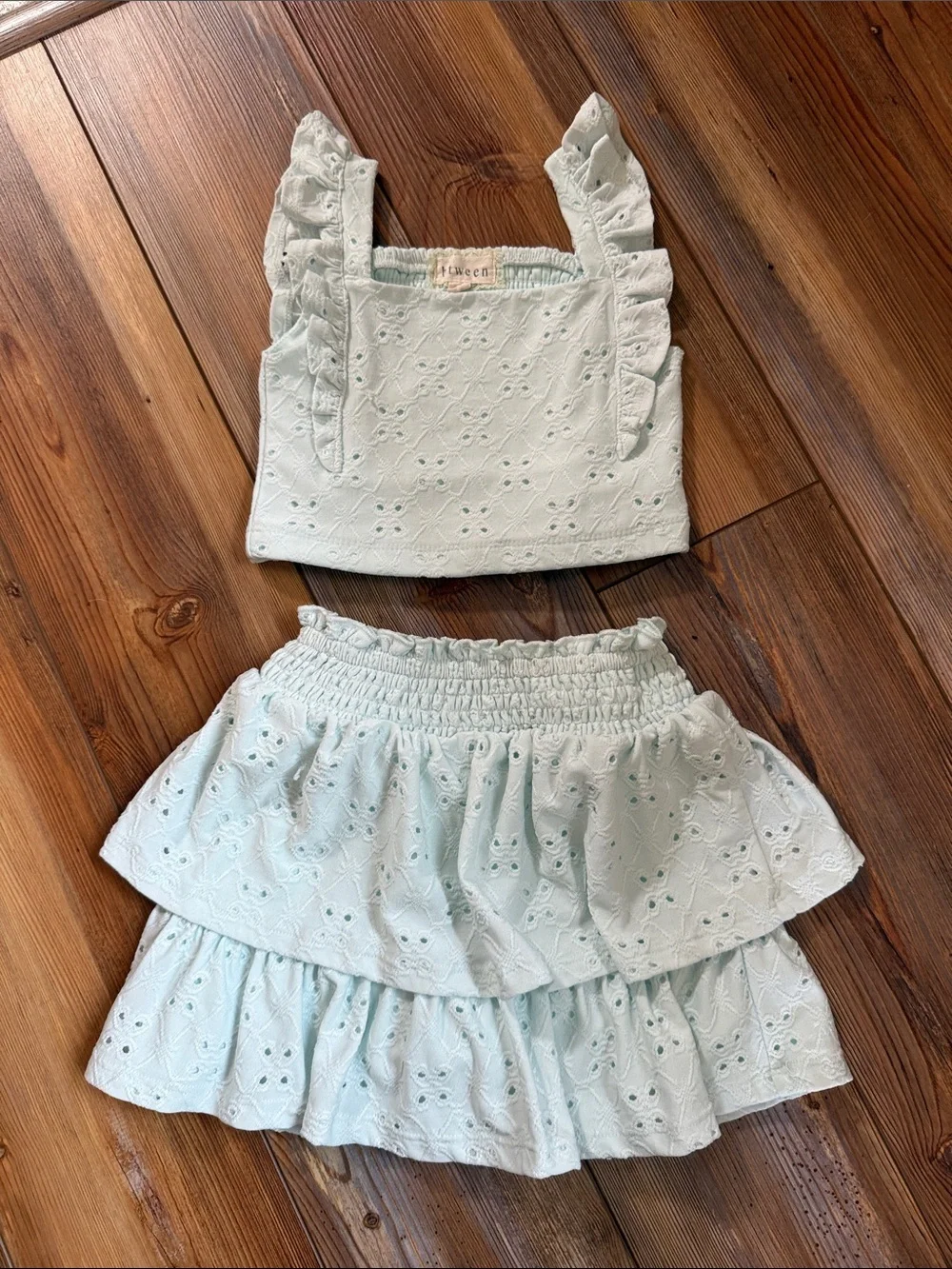 btween Light Mint Green Eyelet Ruffle Two-Piece Matching Set